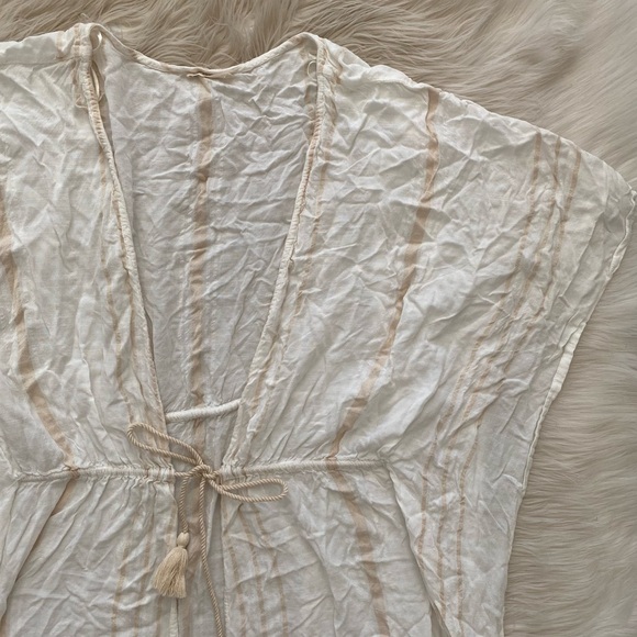 Lovestitch White Beige Stripe Open Tie Front Flowy Maxi Caftan Coverup Kimono - Picture 3 of 12